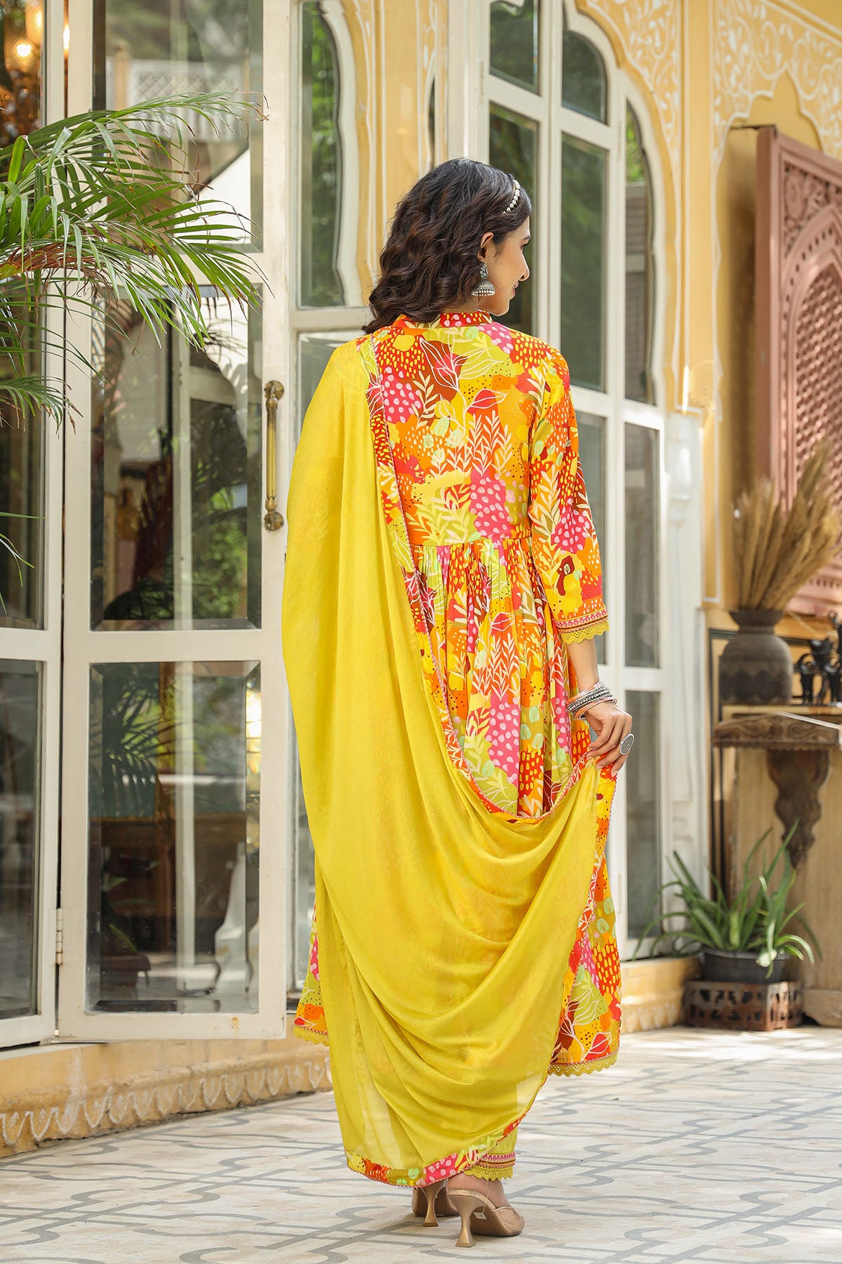 Yellow Multicolor Viscose Crepe Anarkali Suit