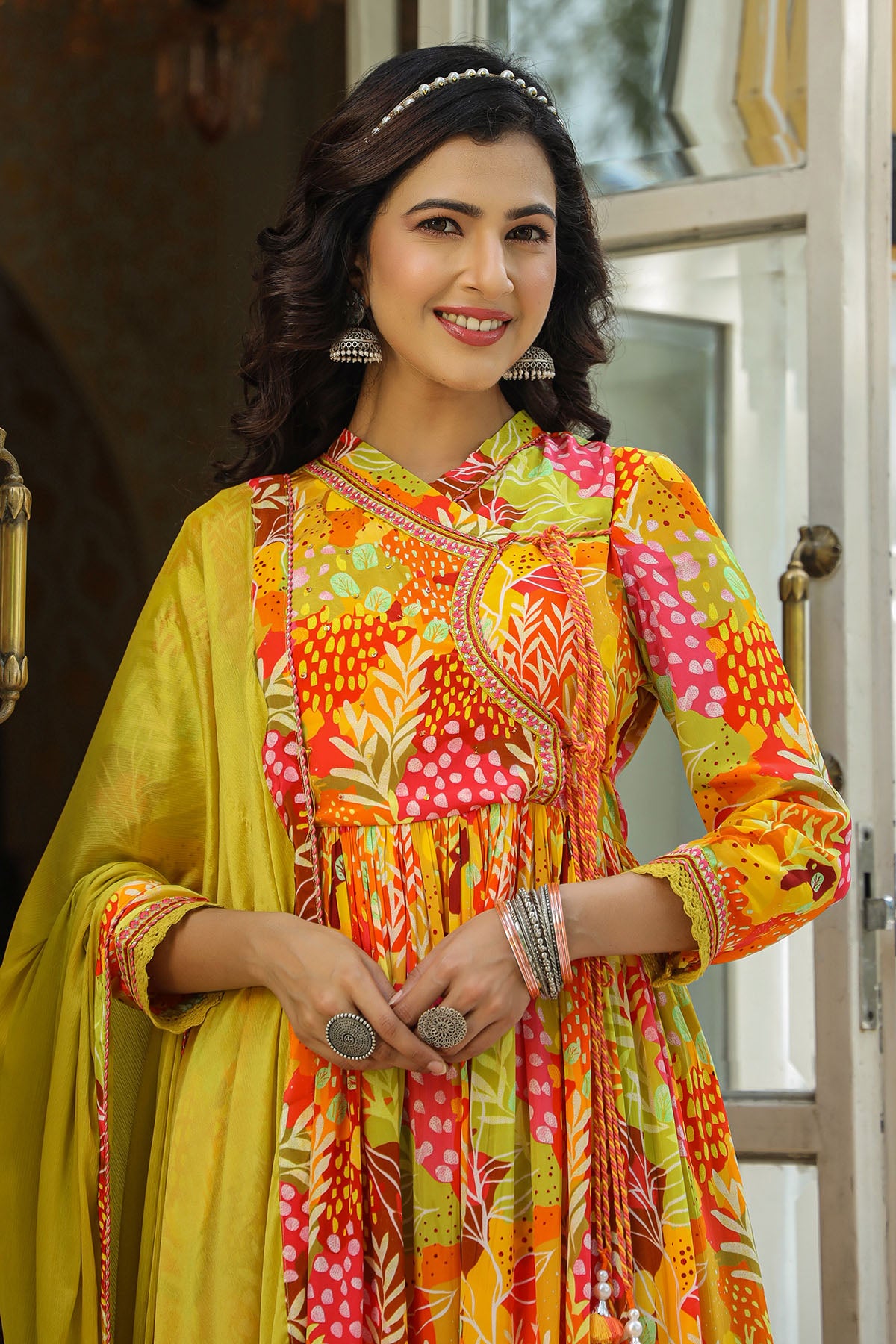 Yellow Multicolor Viscose Crepe Anarkali Suit