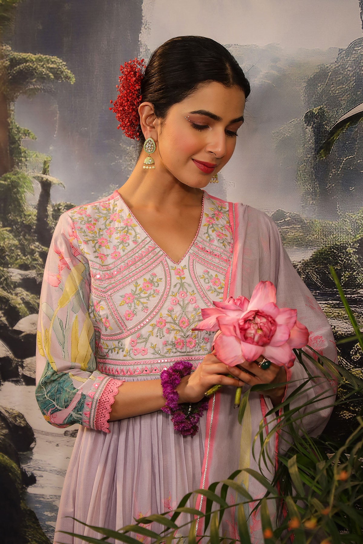 Lavendar Floral Cotton Embroidered Anarkali Suit