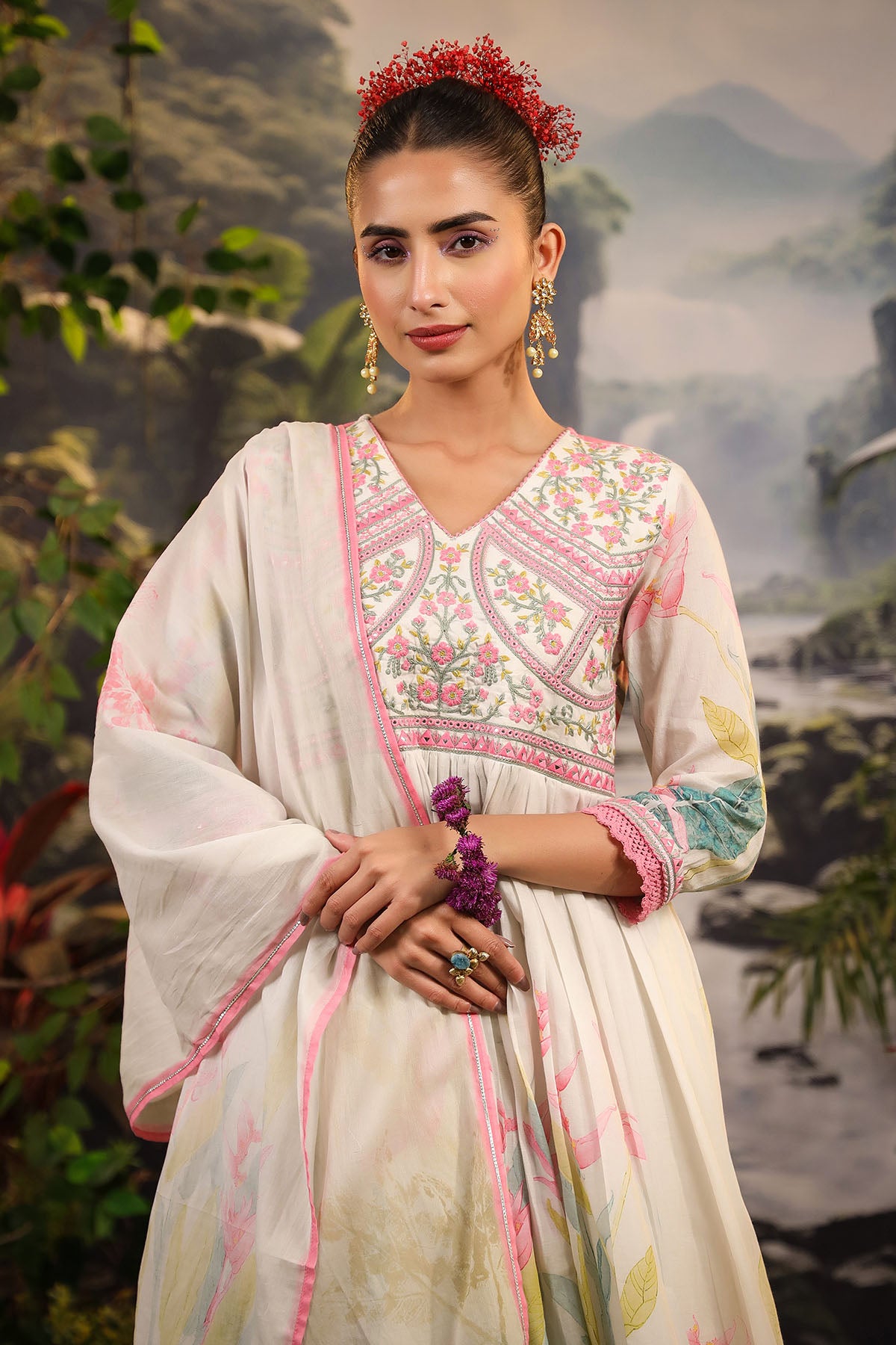 White Floral Cotton Embroidered Anarkali Suit