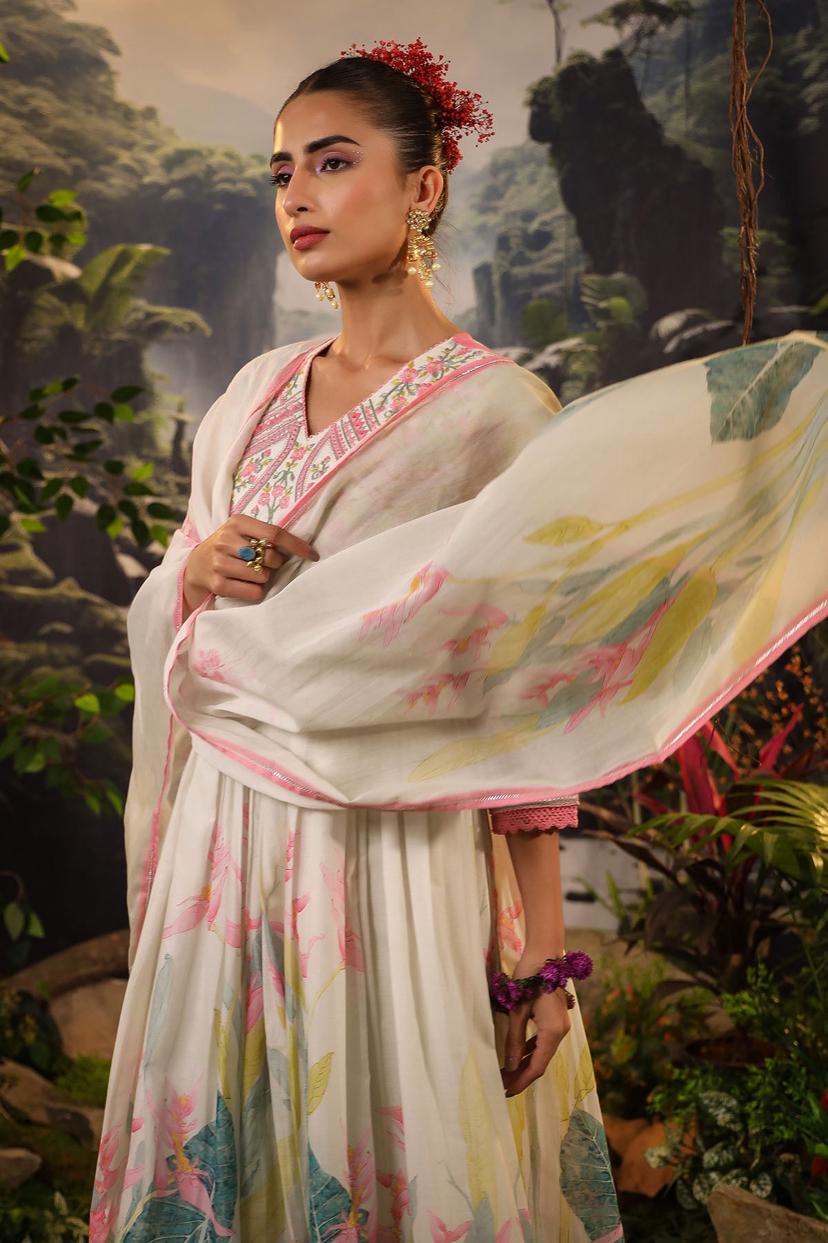 White Floral Cotton Embroidered Anarkali Suit