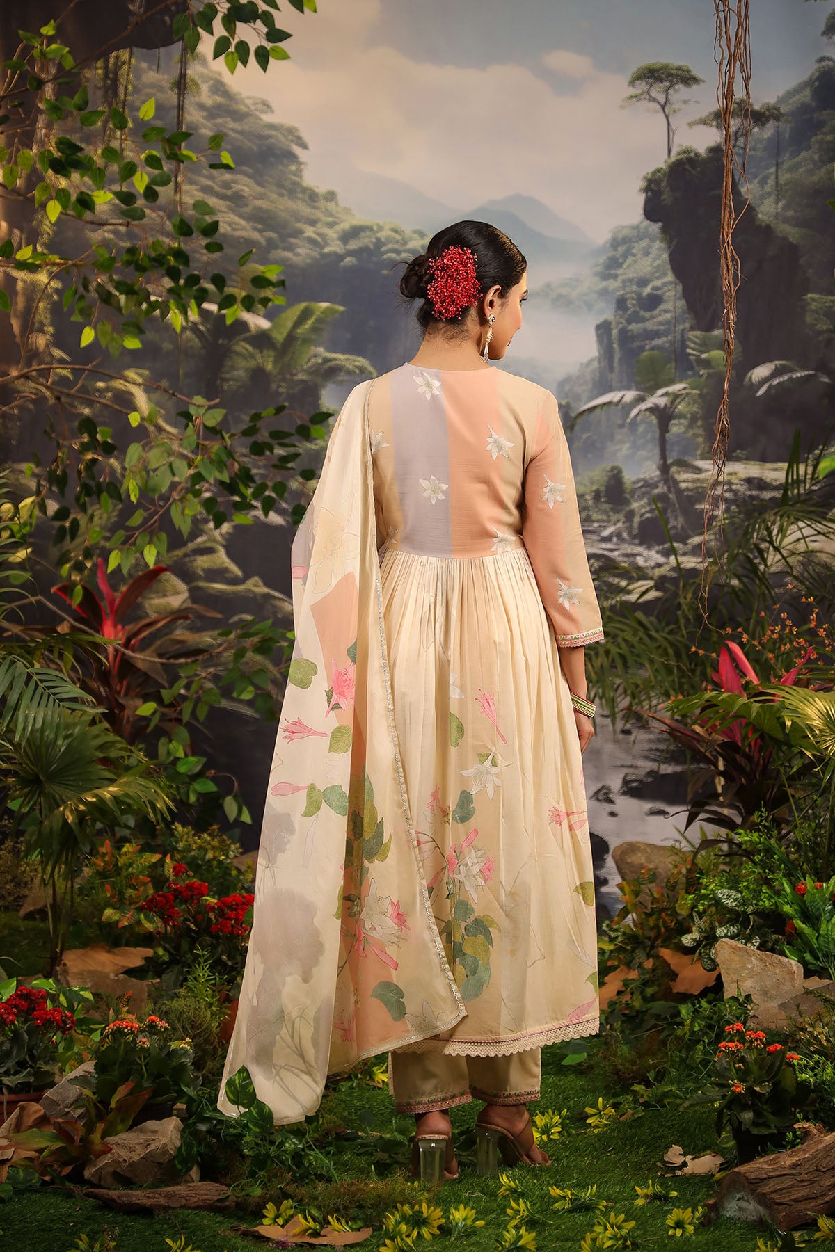 Beige Floral Cotton Embroidered Anarkali Suit