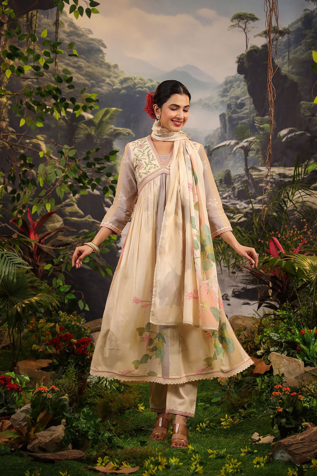 Beige Floral Cotton Embroidered Anarkali Suit