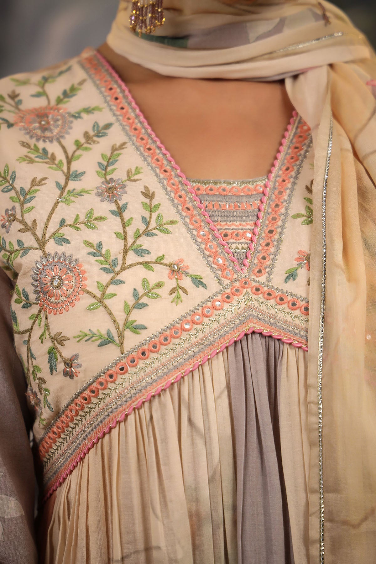 Beige Floral Cotton Embroidered Anarkali Suit