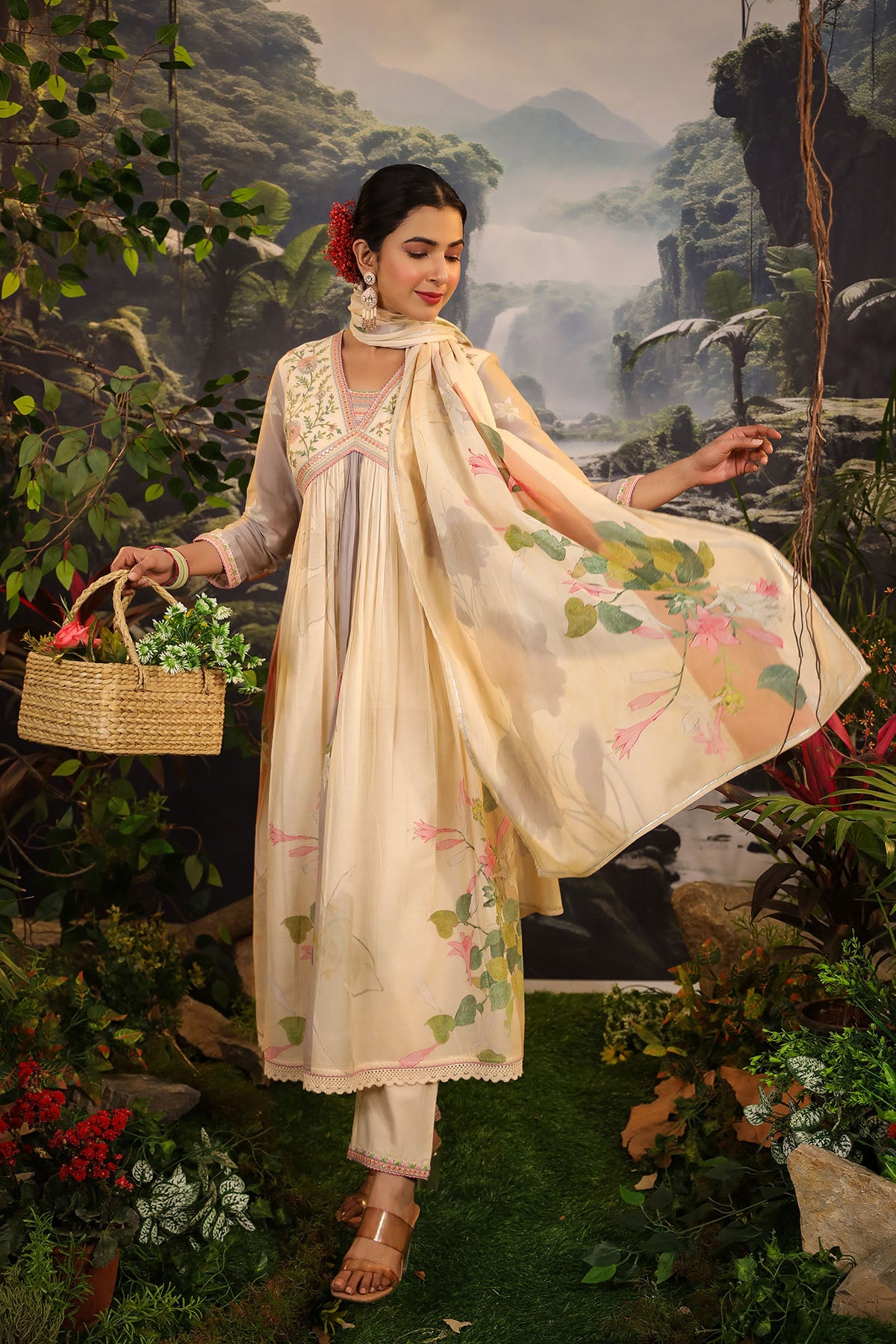 Beige Floral Cotton Embroidered Anarkali Suit