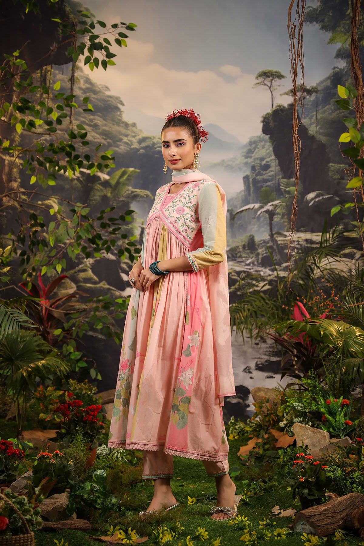 Pink Floral Cotton Embroidered Anarkali Suit
