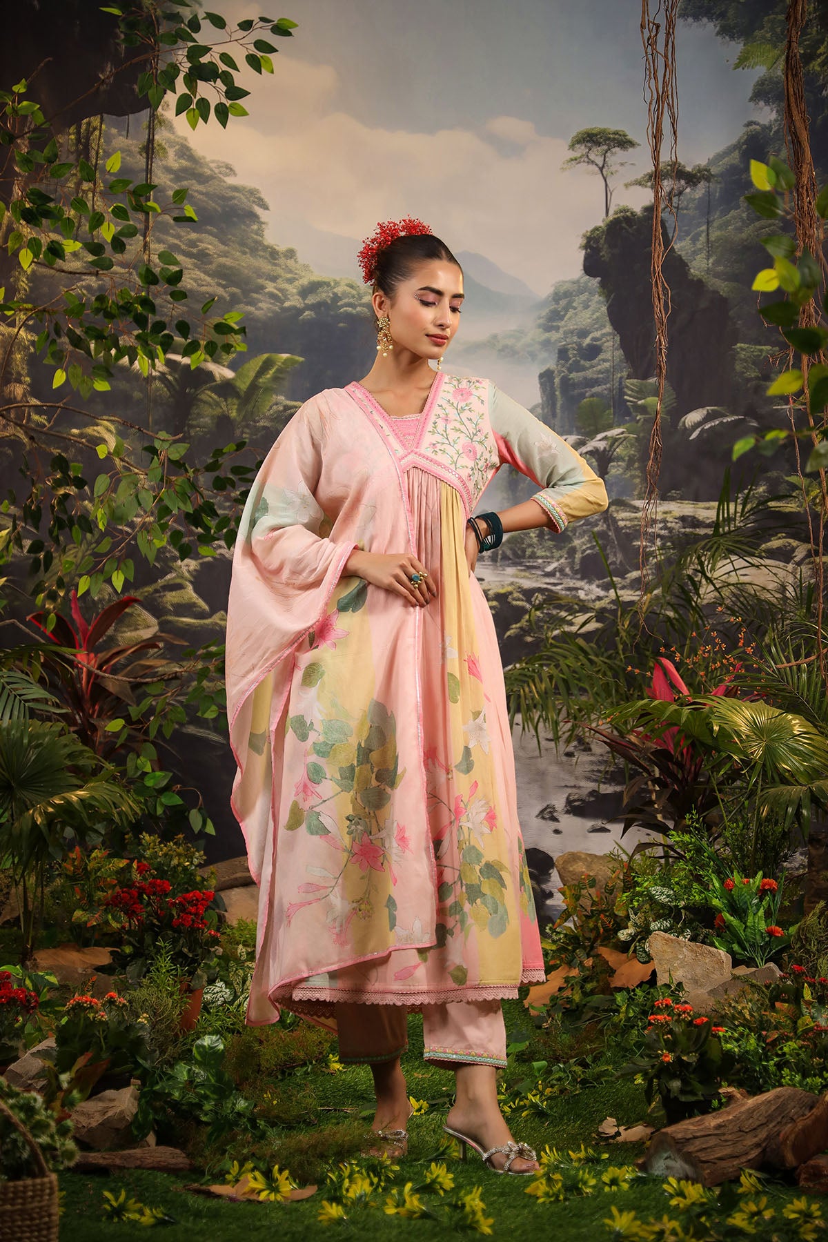 Pink Floral Cotton Embroidered Anarkali Suit