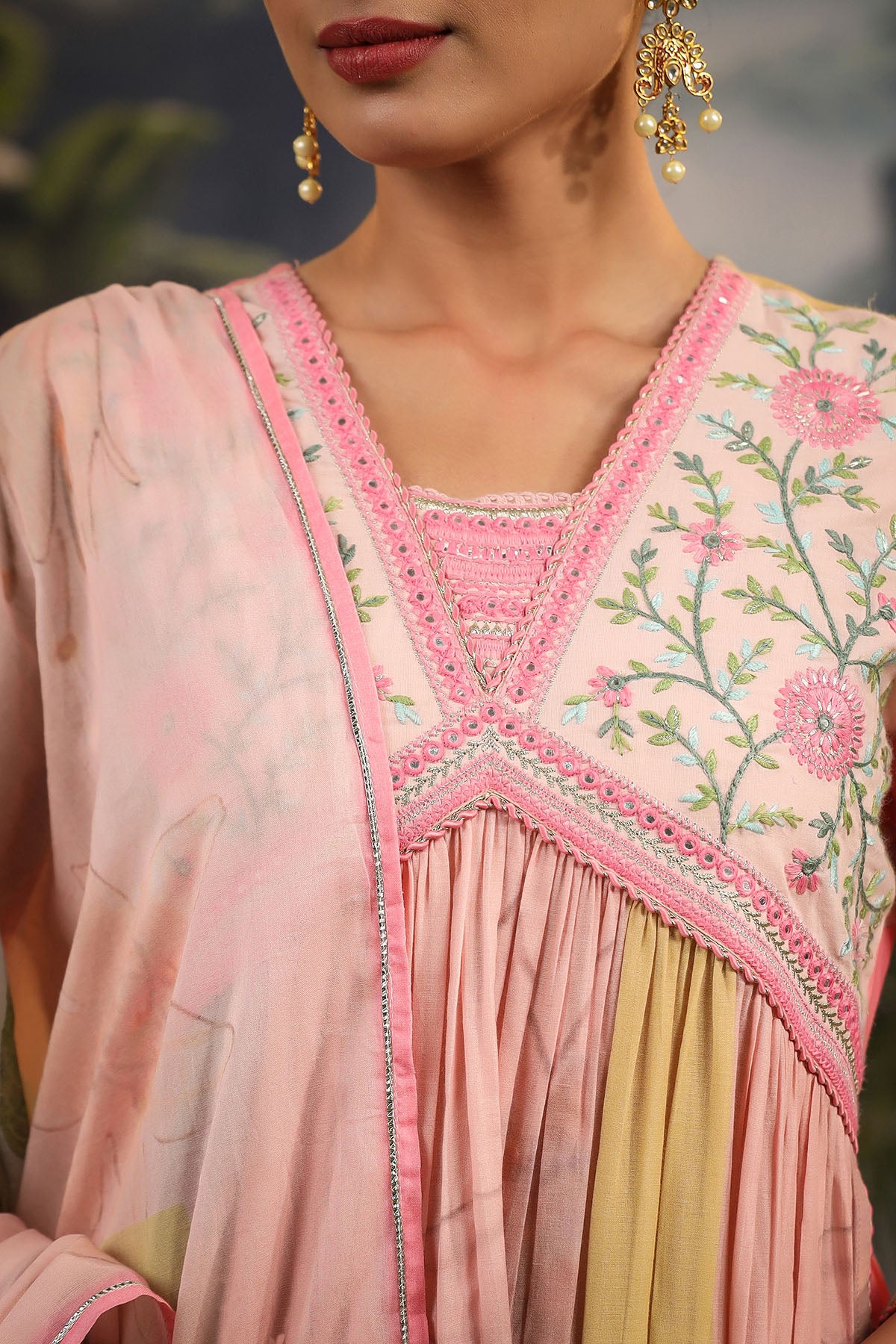 Pink Floral Cotton Embroidered Anarkali Suit