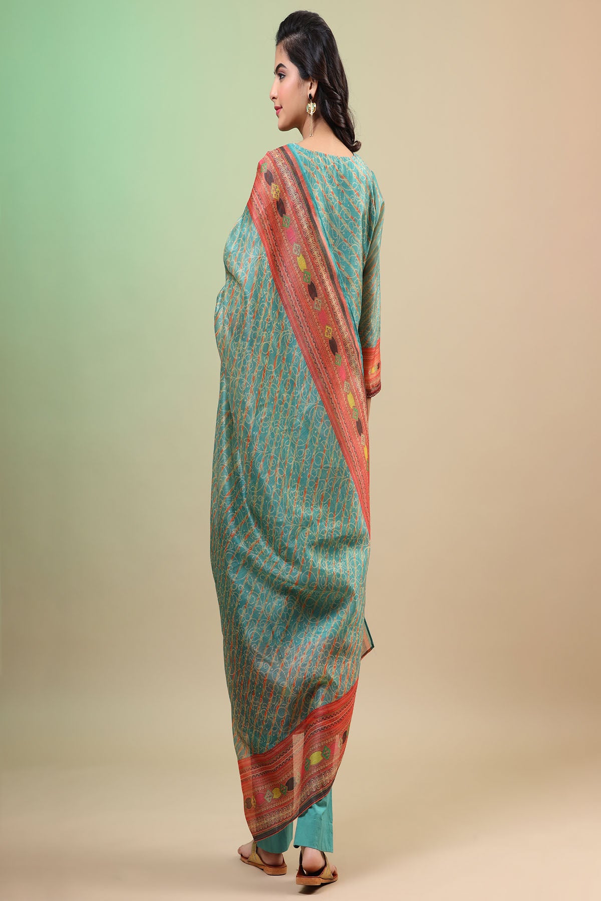 Green Chanderi Printed Straight-Cut Suit