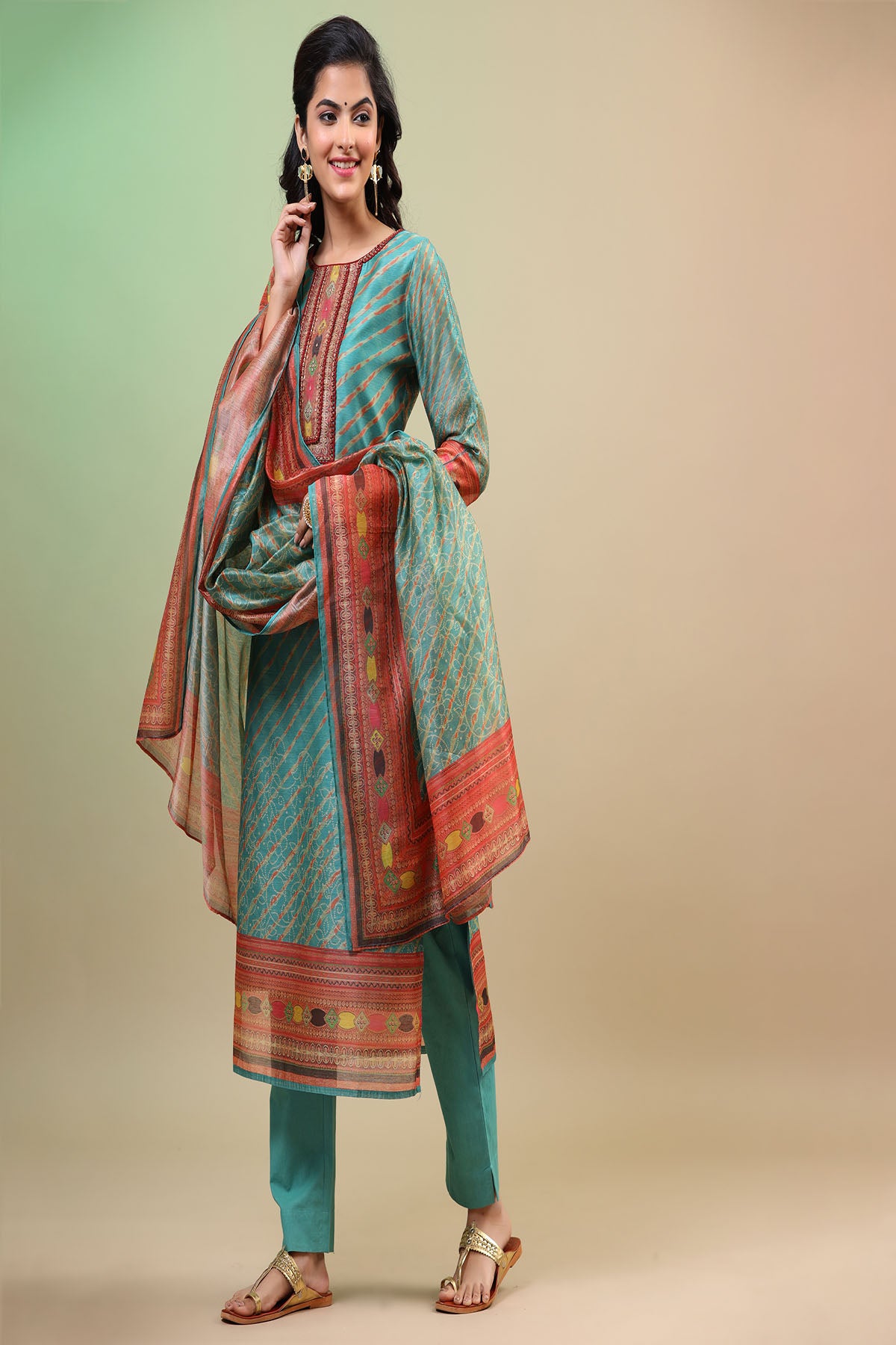 Green Chanderi Printed Straight-Cut Suit