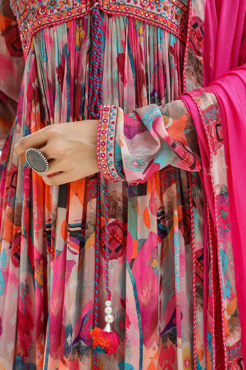 Pink Chinon Soft Print Embroidered Anarkali Set