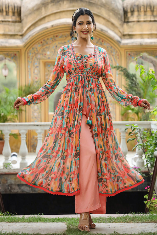 Peach Chinon Front Open Embroidered Dress