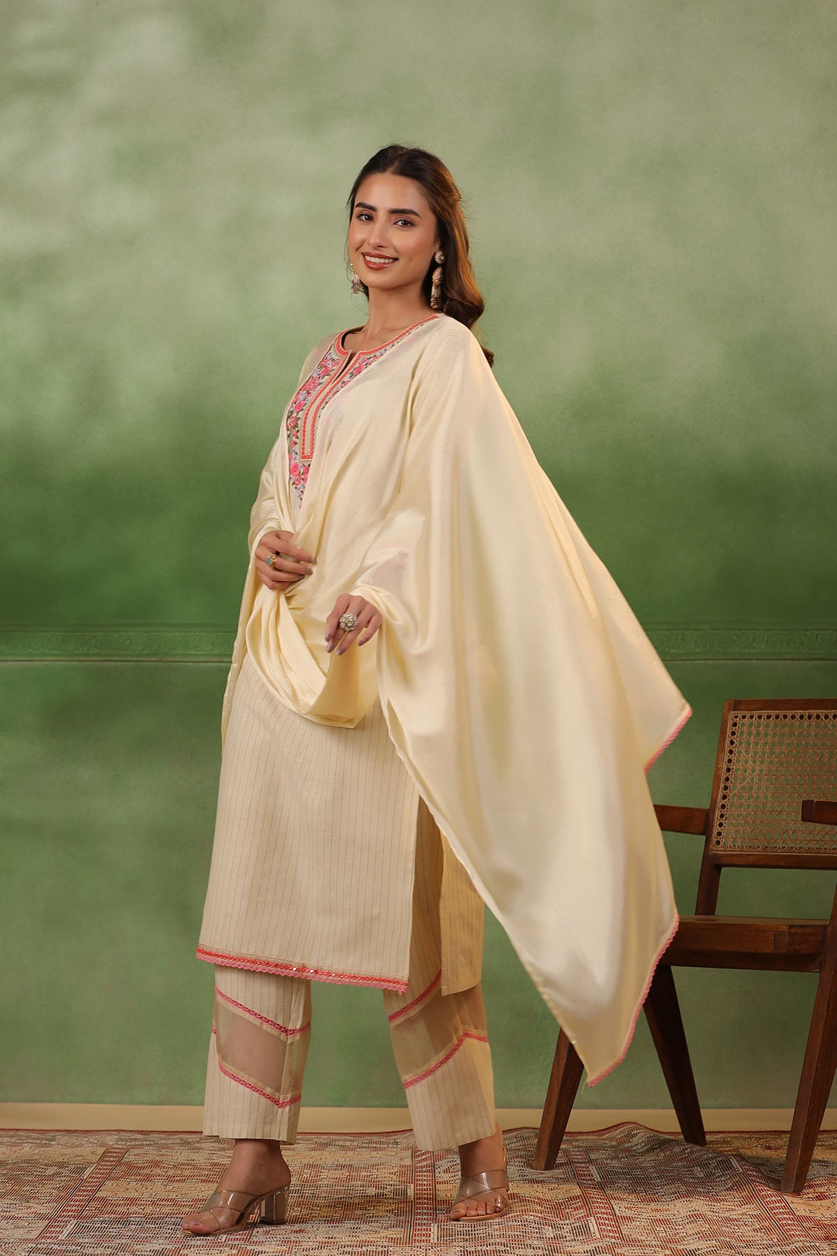 Beige Cotton Embroidered Striaght Suit