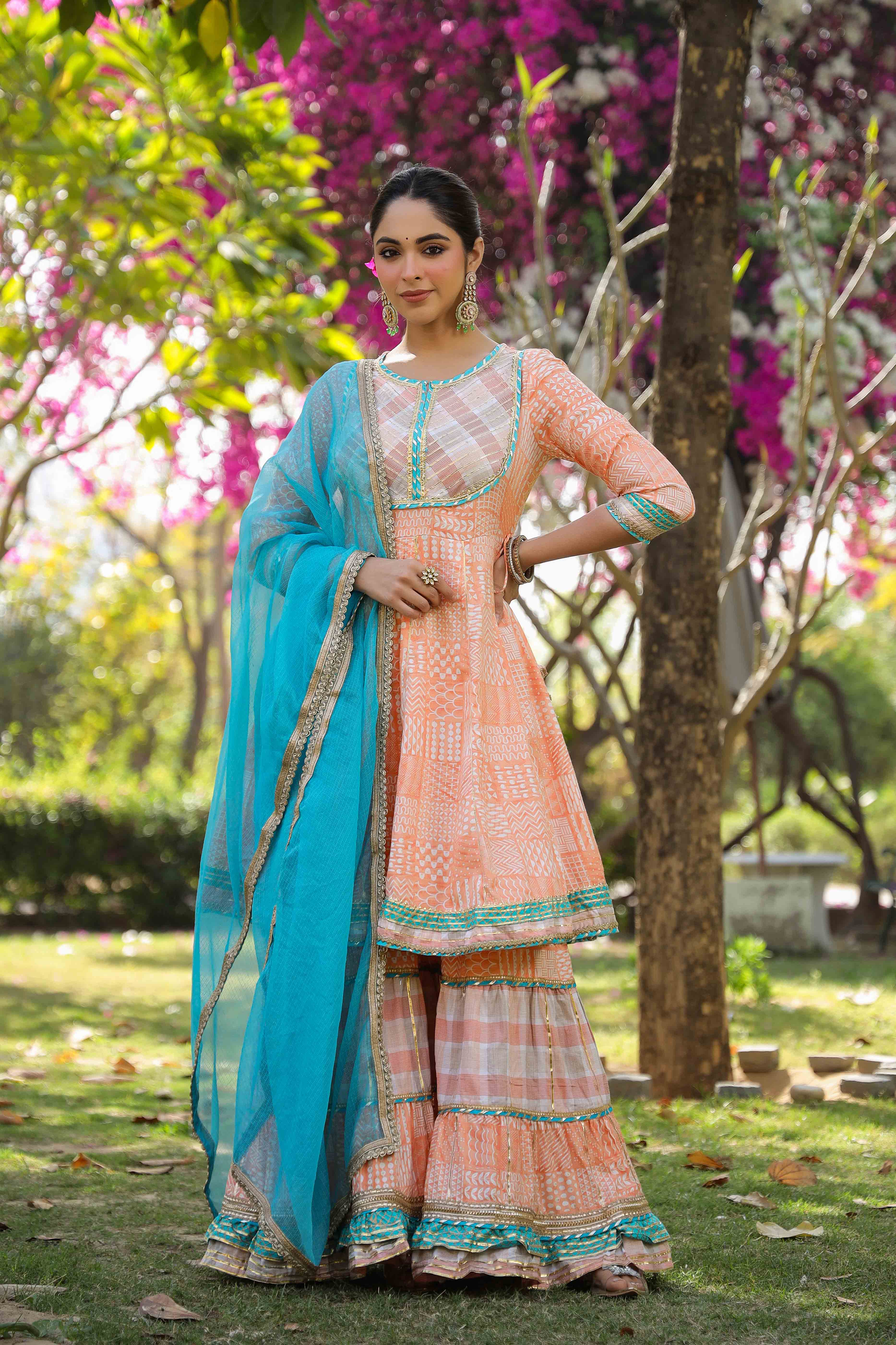 Peach Rayon Gotapatti Sharara Set