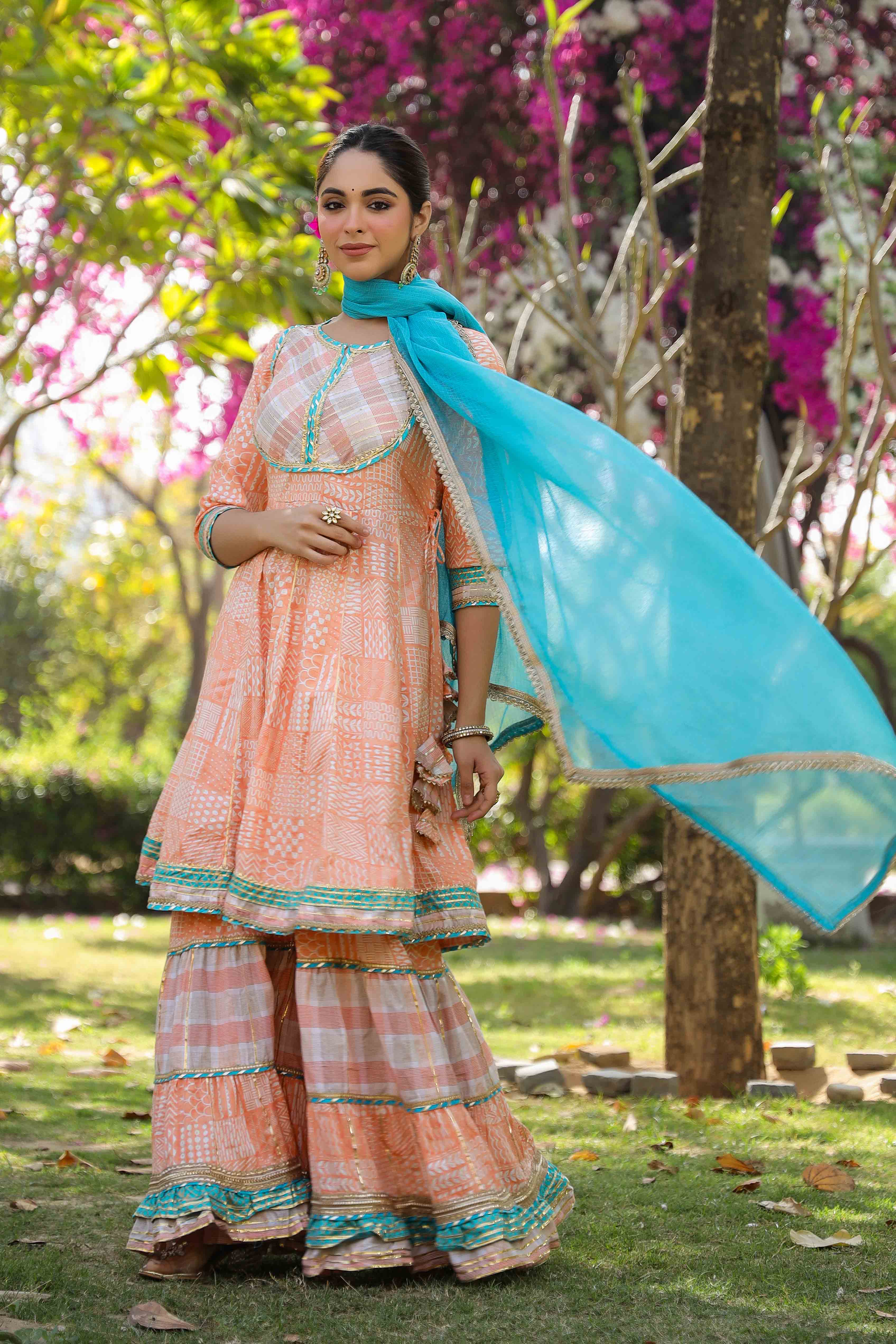 Peach Rayon Gotapatti Sharara Set