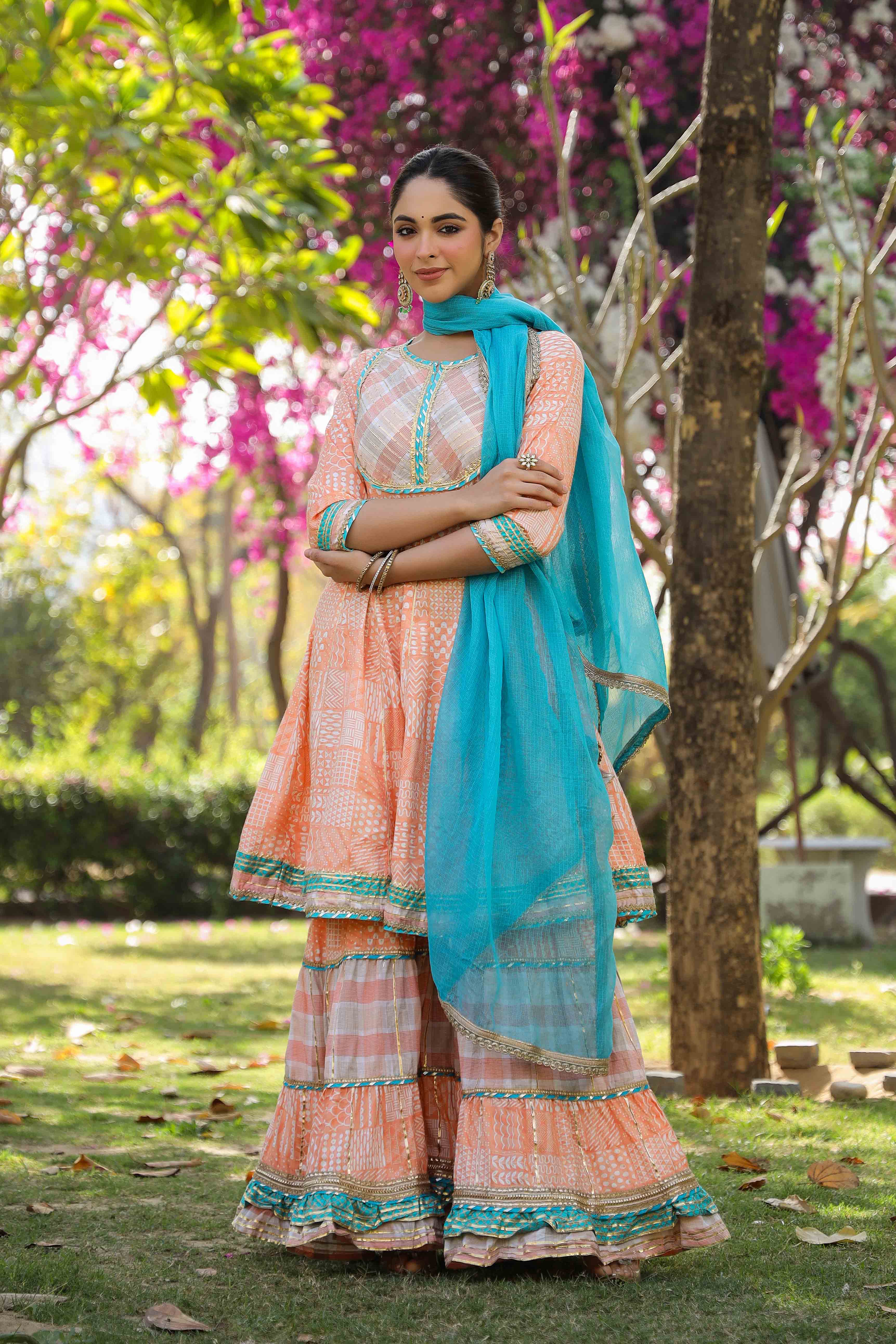 Peach Rayon Gotapatti Sharara Set