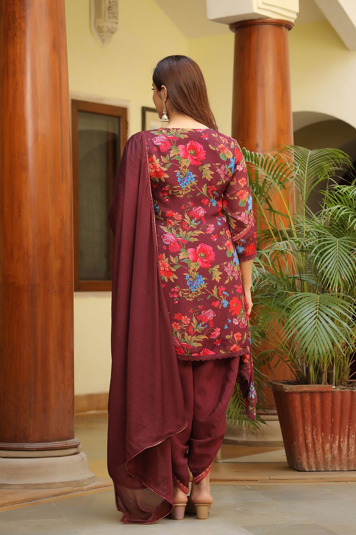 Maroon Chinon Embroidered A-Line Suit
