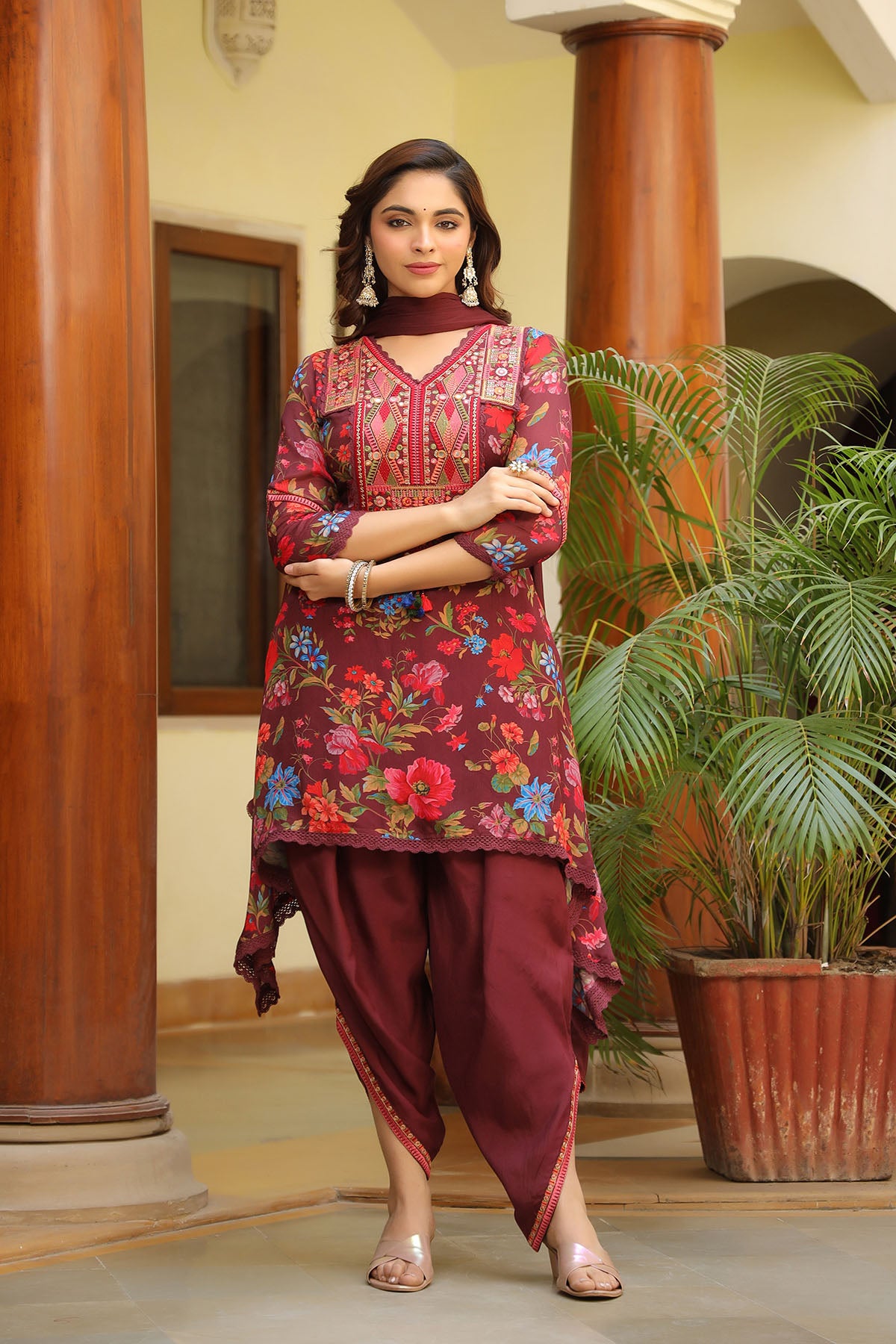 Maroon Chinon Embroidered A-Line Suit