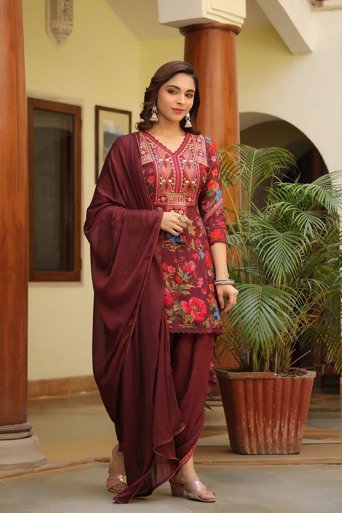 Maroon Chinon Embroidered A-Line Suit