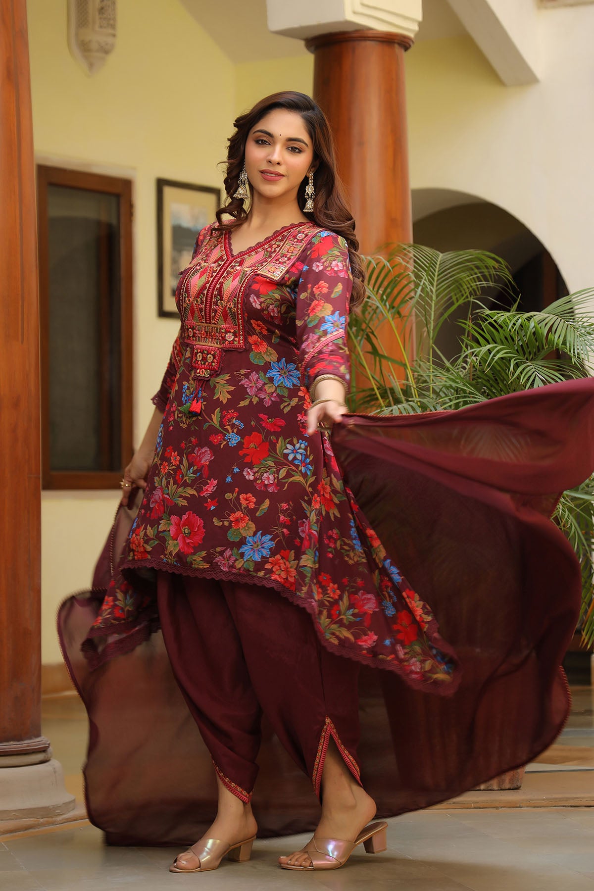 Maroon Chinon Embroidered A-Line Suit