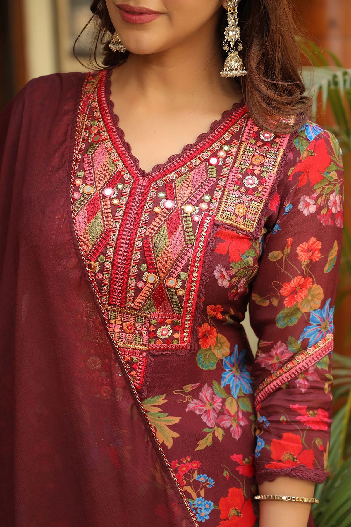 Maroon Chinon Embroidered A-Line Suit