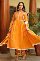 Orange Embroidered Cotton Anarkali Set