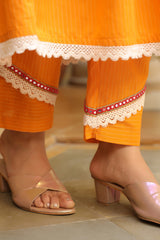 Orange Embroidered Cotton Anarkali Set