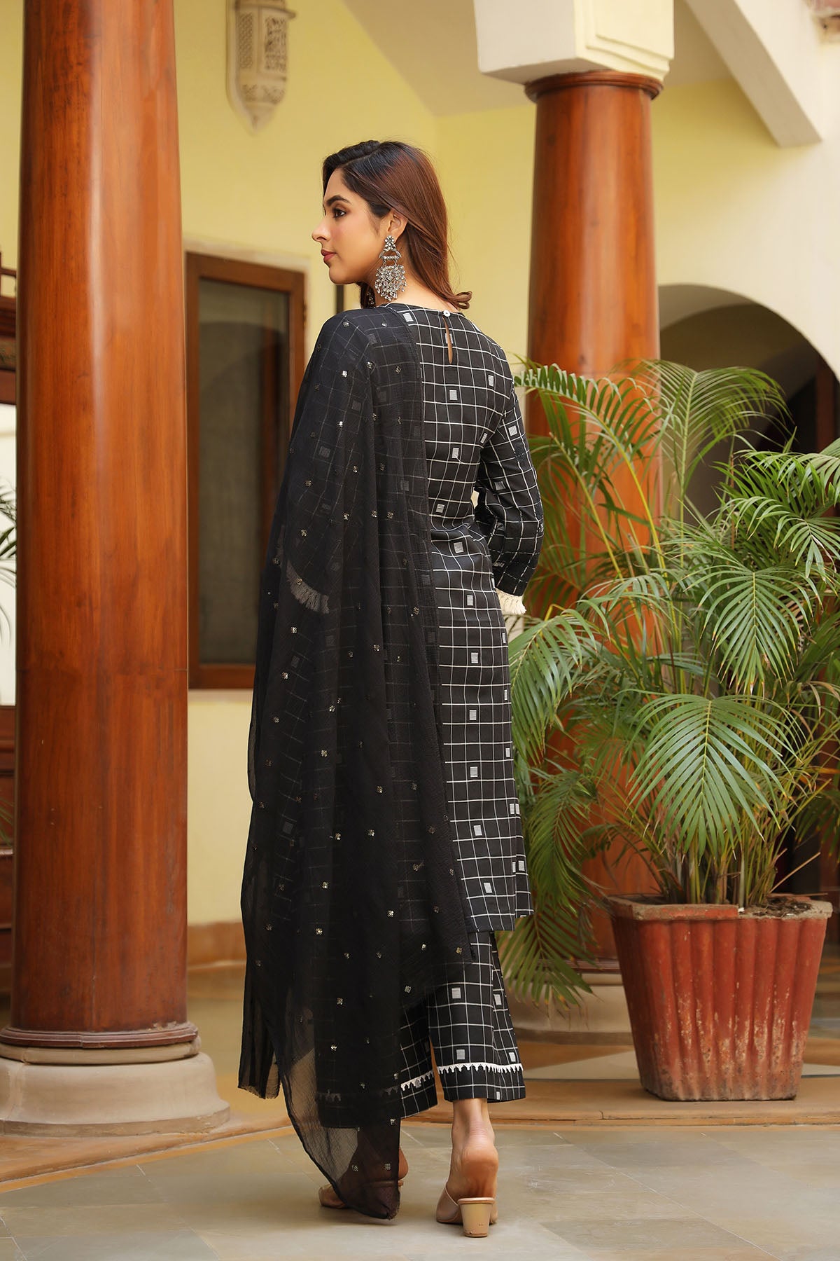 Black Cotton Embroidered A-Line Suit