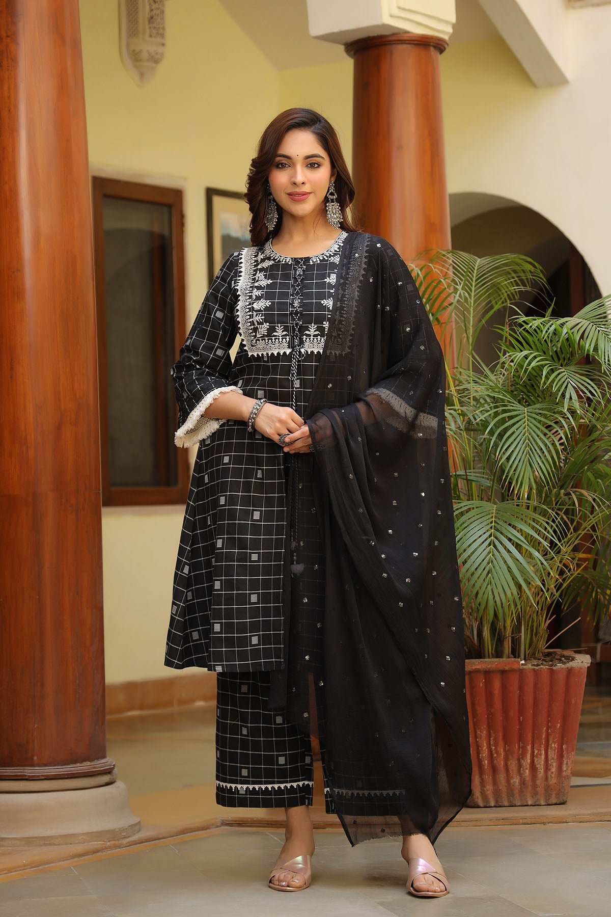 Black Cotton Embroidered A-Line Suit