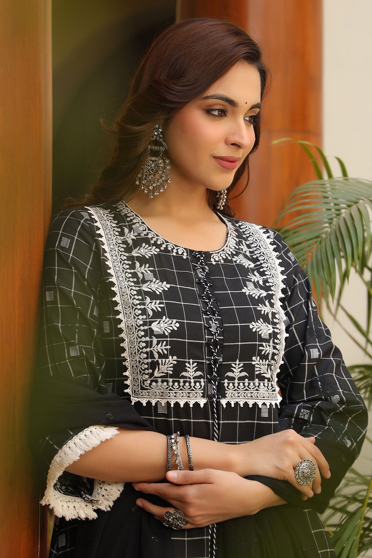 Black Cotton Embroidered A-Line Suit
