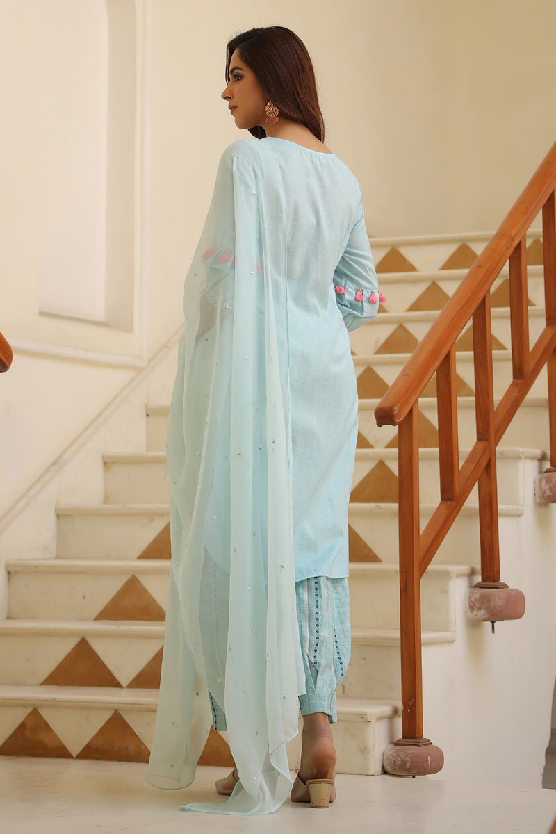 Soft Turquoise Embroidered Cotton Suit Set