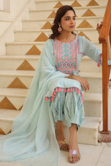 Soft Turquoise Embroidered Cotton Suit Set