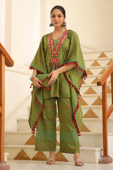 Green Embroidered Cotton Kaftan Set
