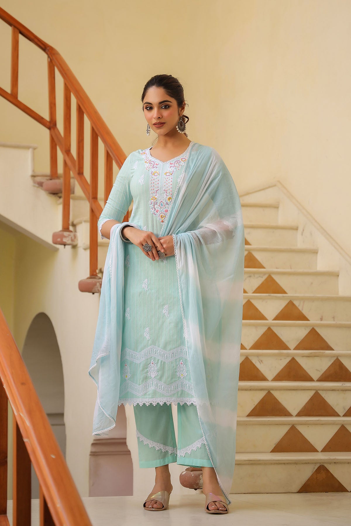 Sky Blue Cotton Handwork Straight Suit