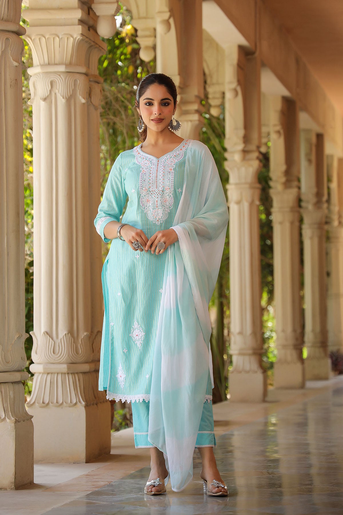 Blue Cotton Handwork Straight Suit