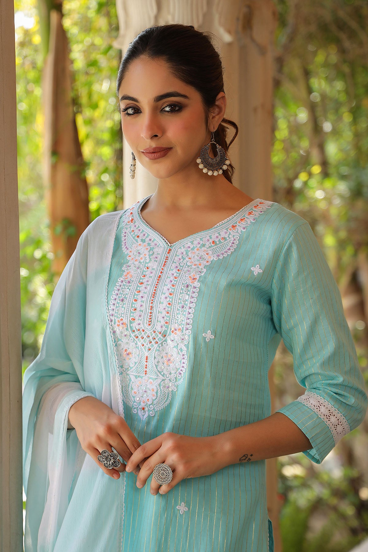 Blue Cotton Handwork Straight Suit