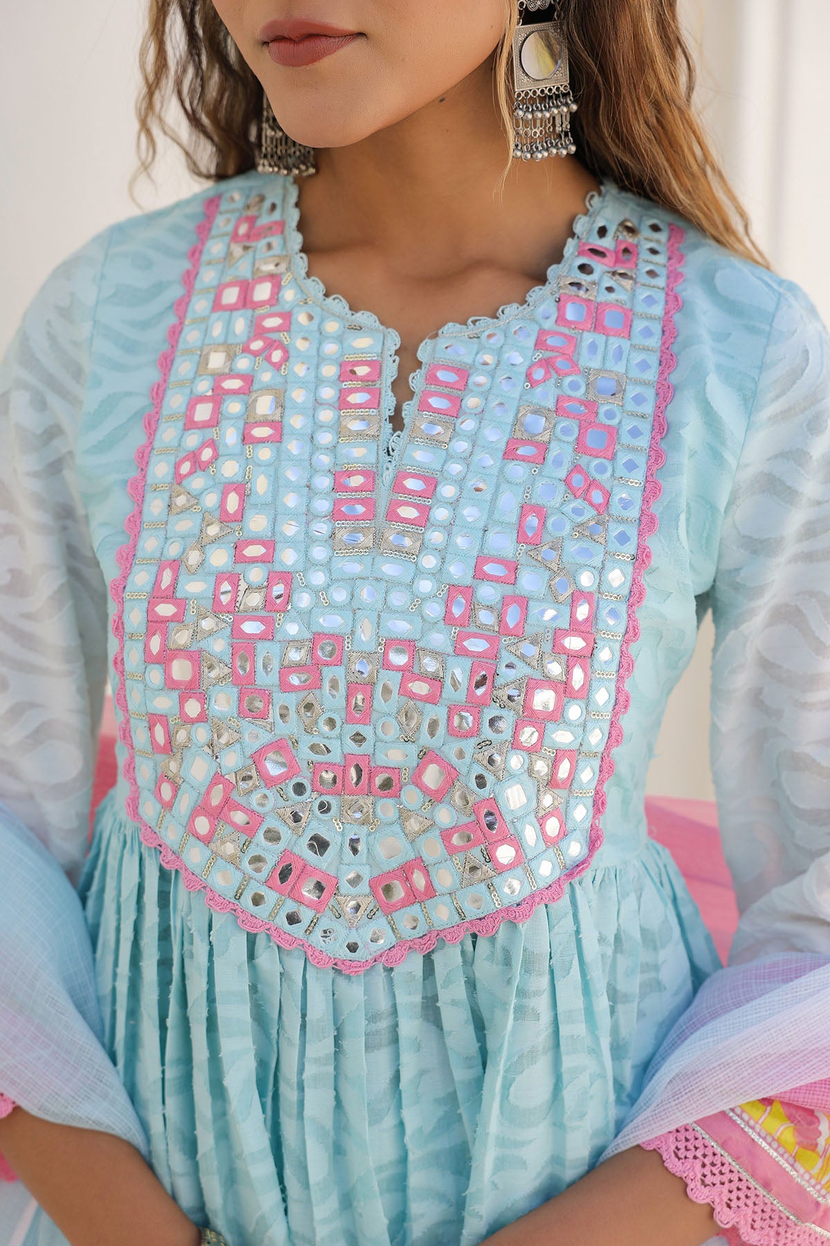 Sky Blue Cotton Embroidered Anarkali Suit