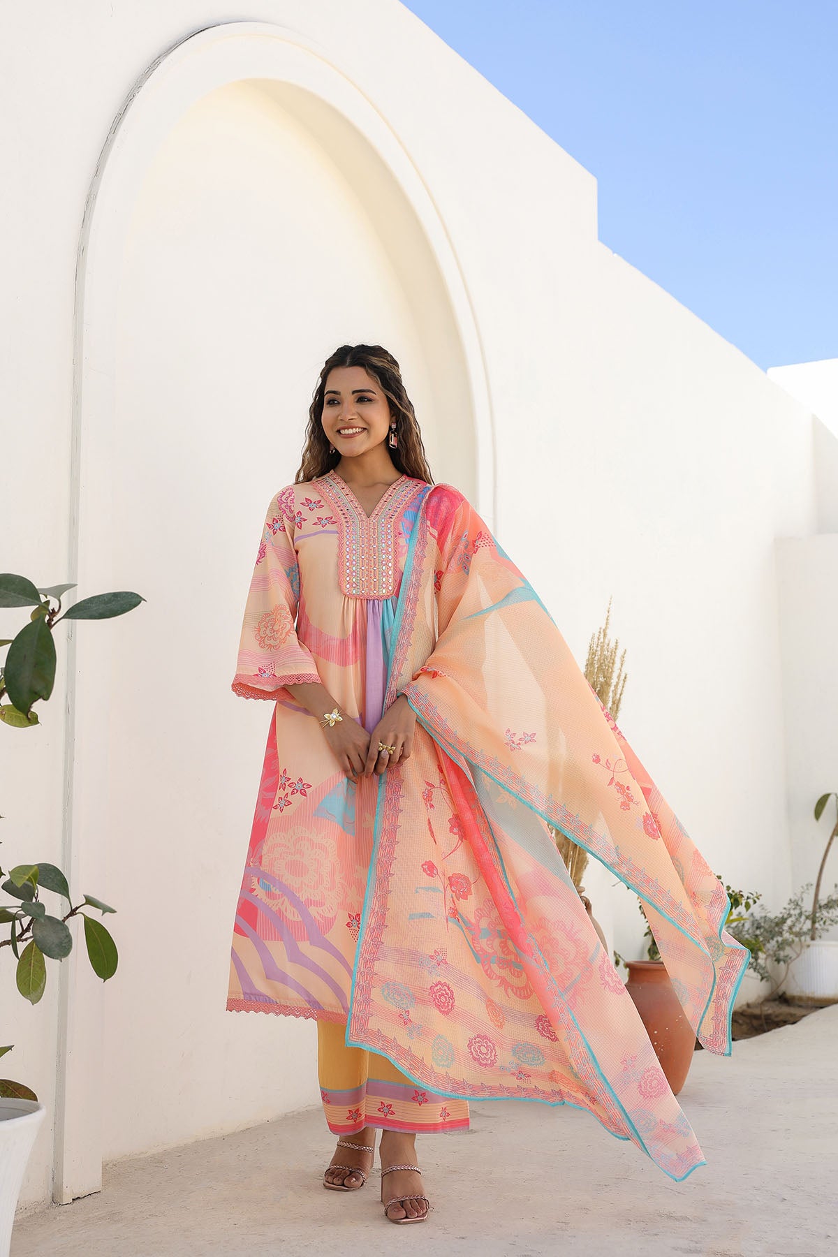 Orange Multicolor Embroidered A-Line Suit