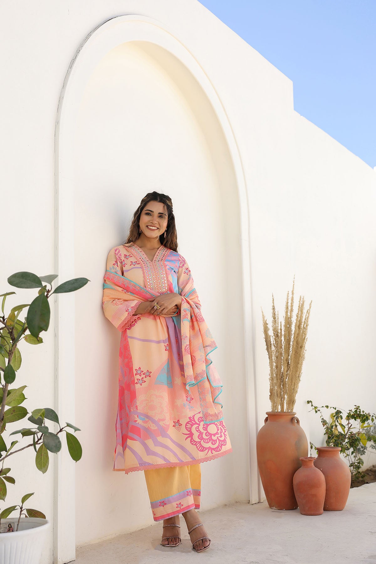 Orange Multicolor Embroidered A-Line Suit