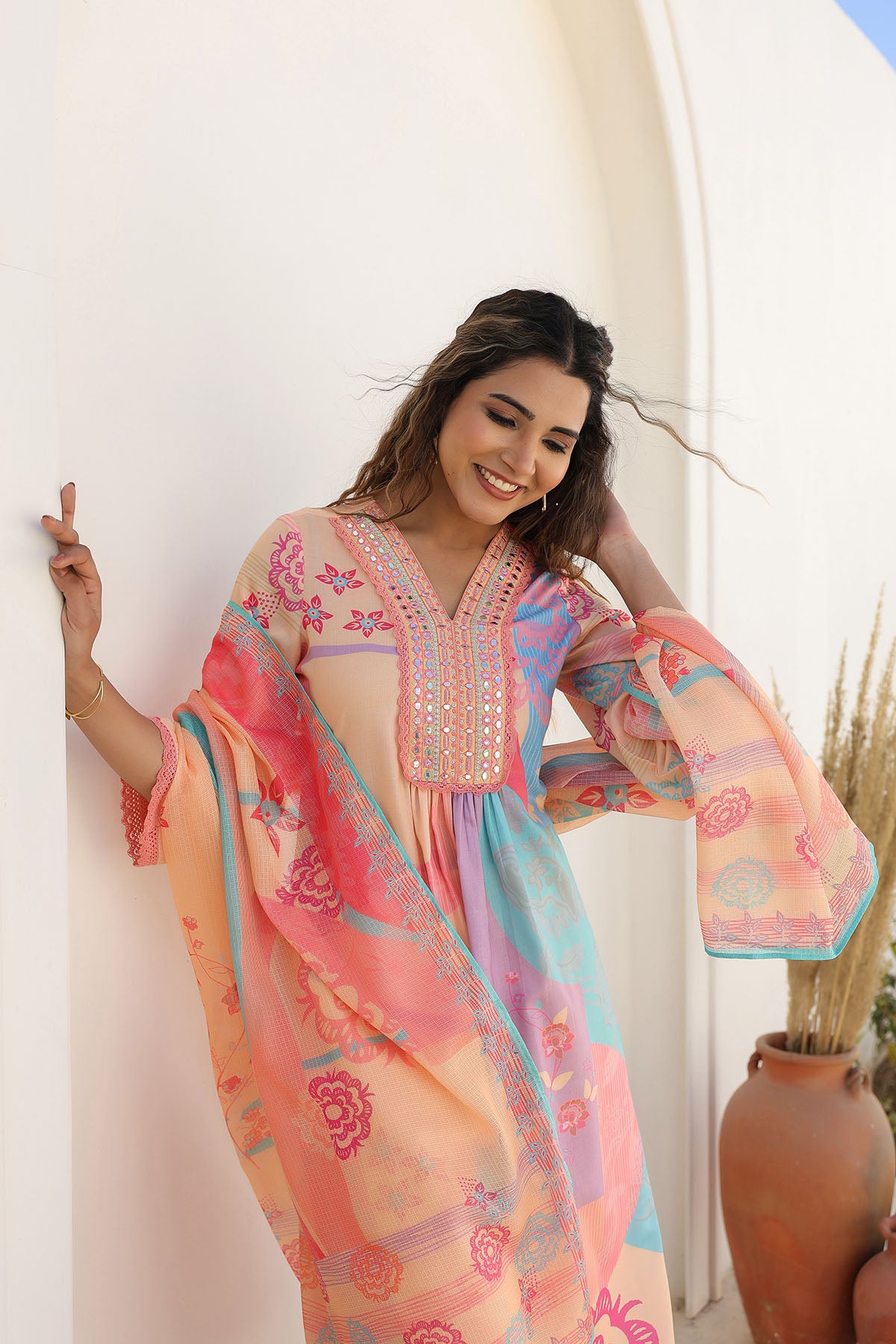 Orange Multicolor Embroidered A-Line Suit