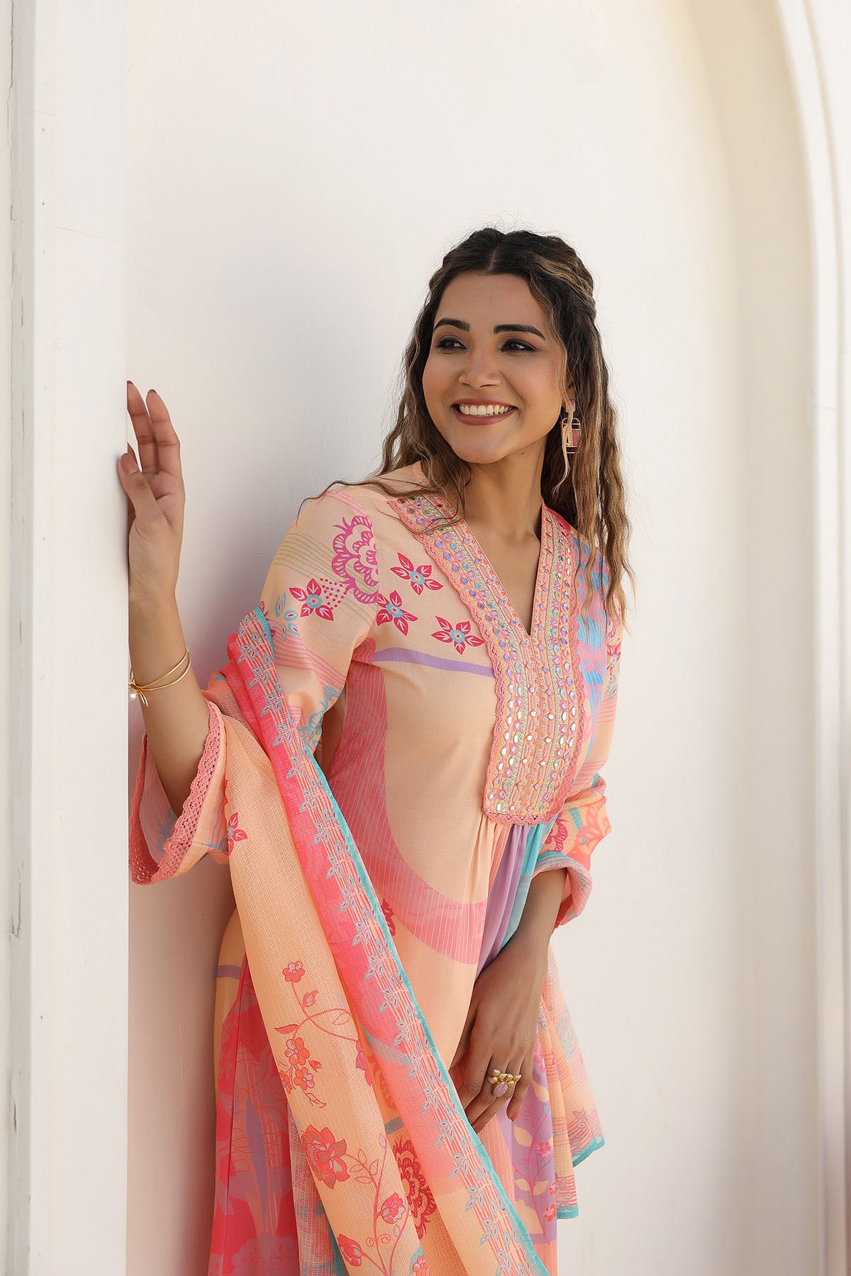 Orange Multicolor Embroidered A-Line Suit