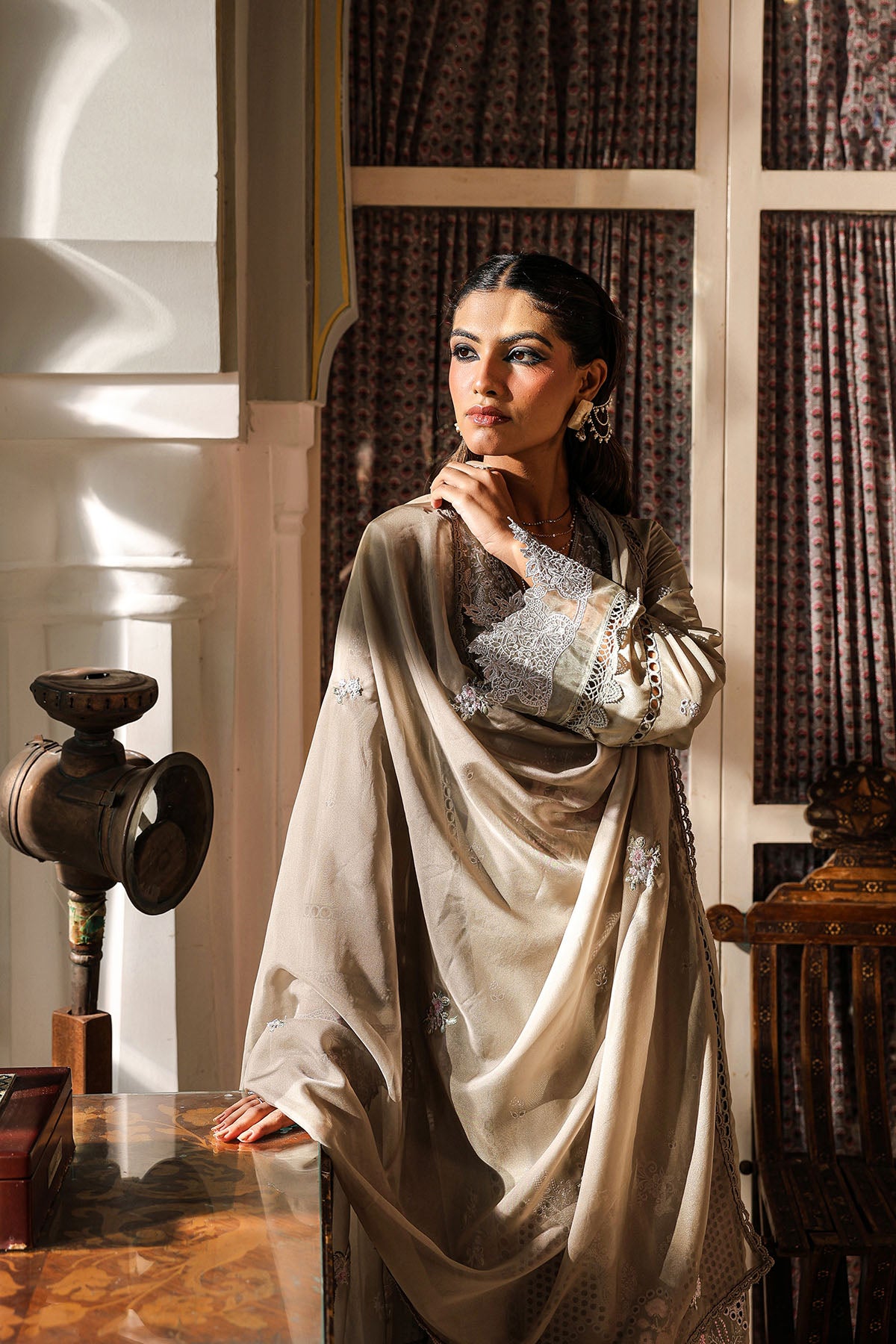 Grey Viscose Crepe Embroidered Pakistani Suit