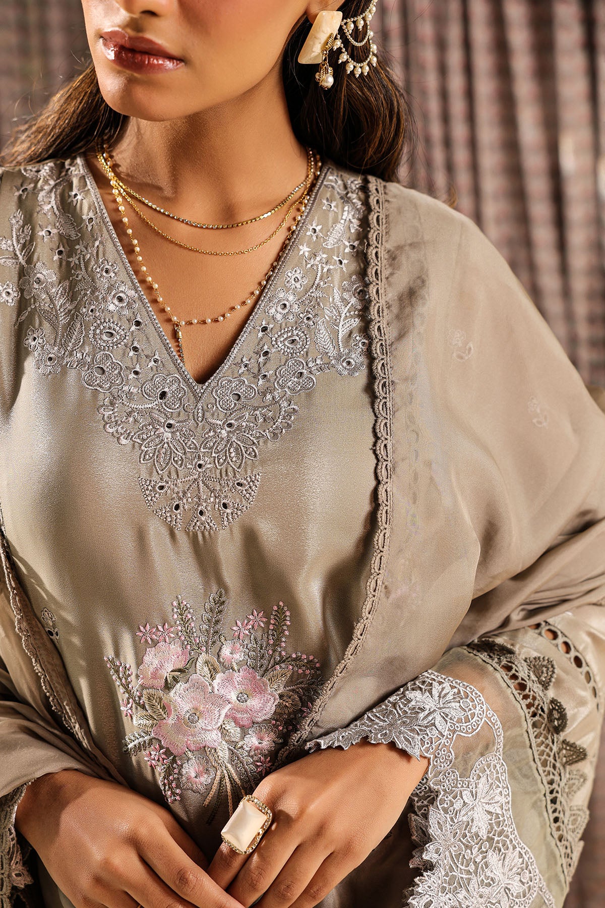 Grey Viscose Crepe Embroidered Pakistani Suit