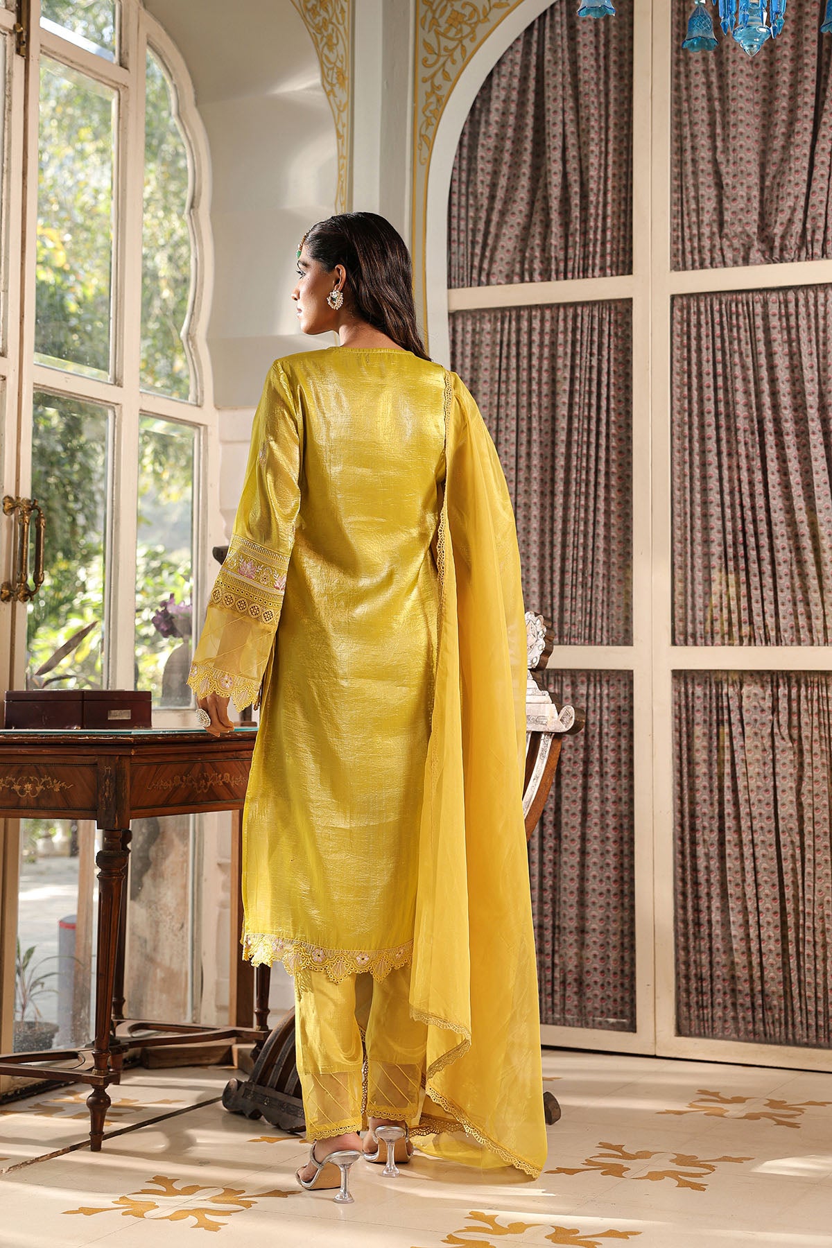 Yellow Shimmer Embroidered Straight Suit
