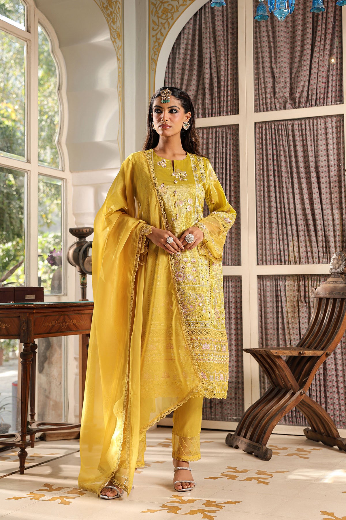 Yellow Shimmer Embroidered Straight Suit