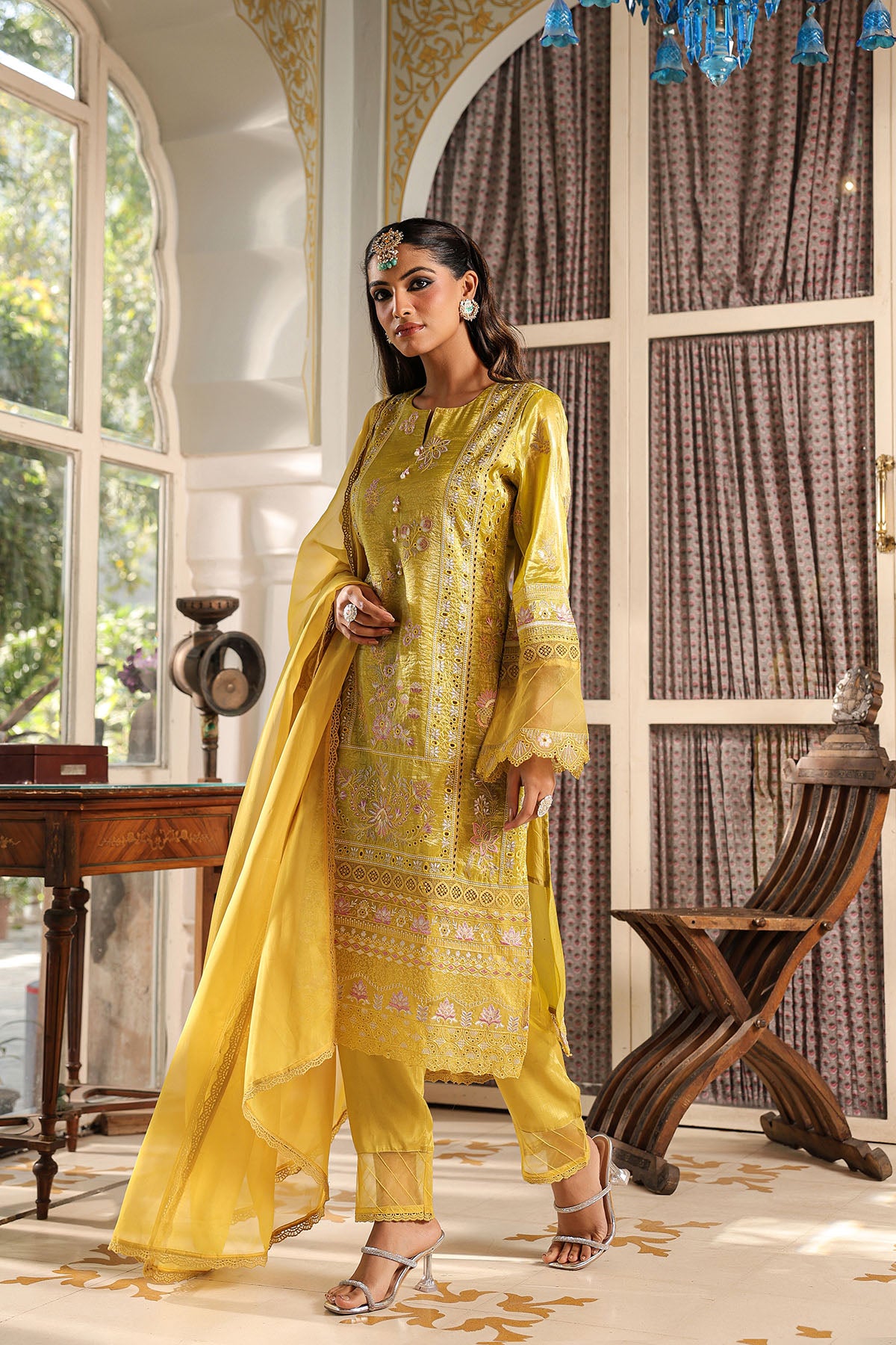 Yellow Shimmer Embroidered Straight Suit