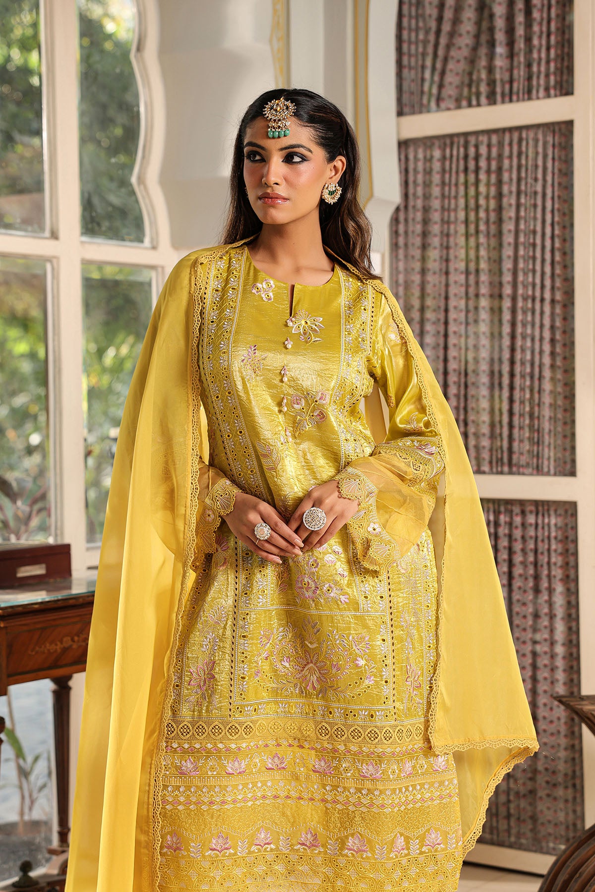 Yellow Shimmer Embroidered Straight Suit