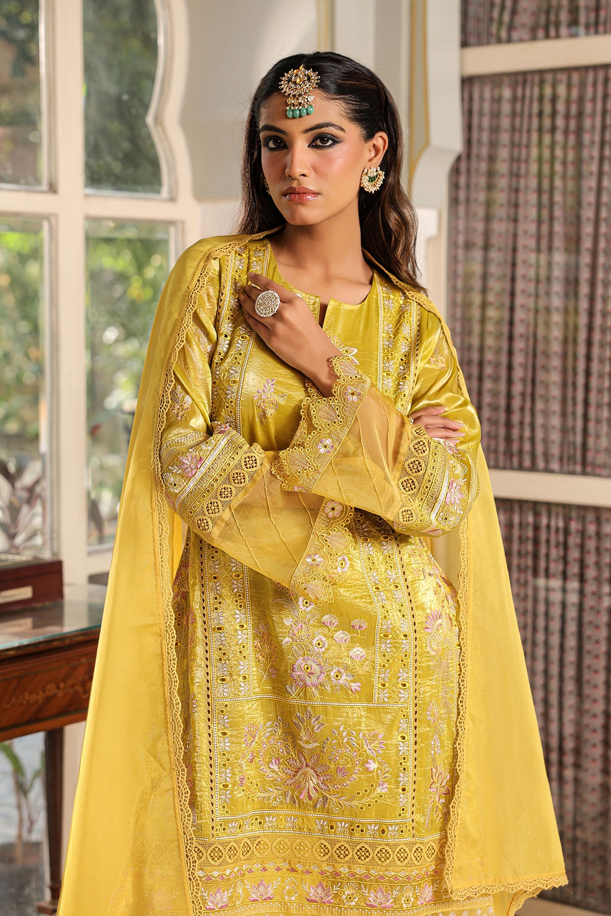 Yellow Shimmer Embroidered Straight Suit