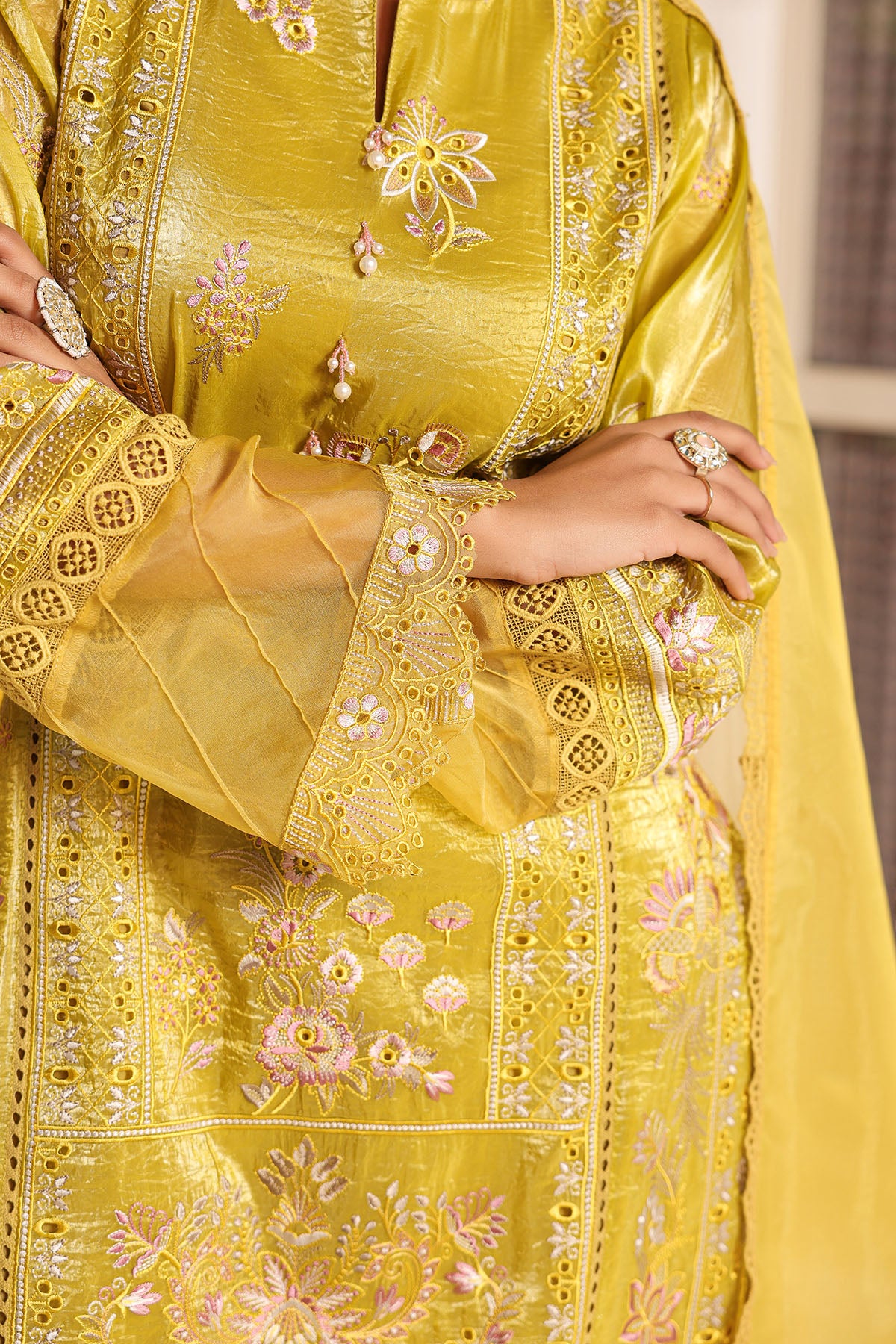 Yellow Shimmer Embroidered Straight Suit
