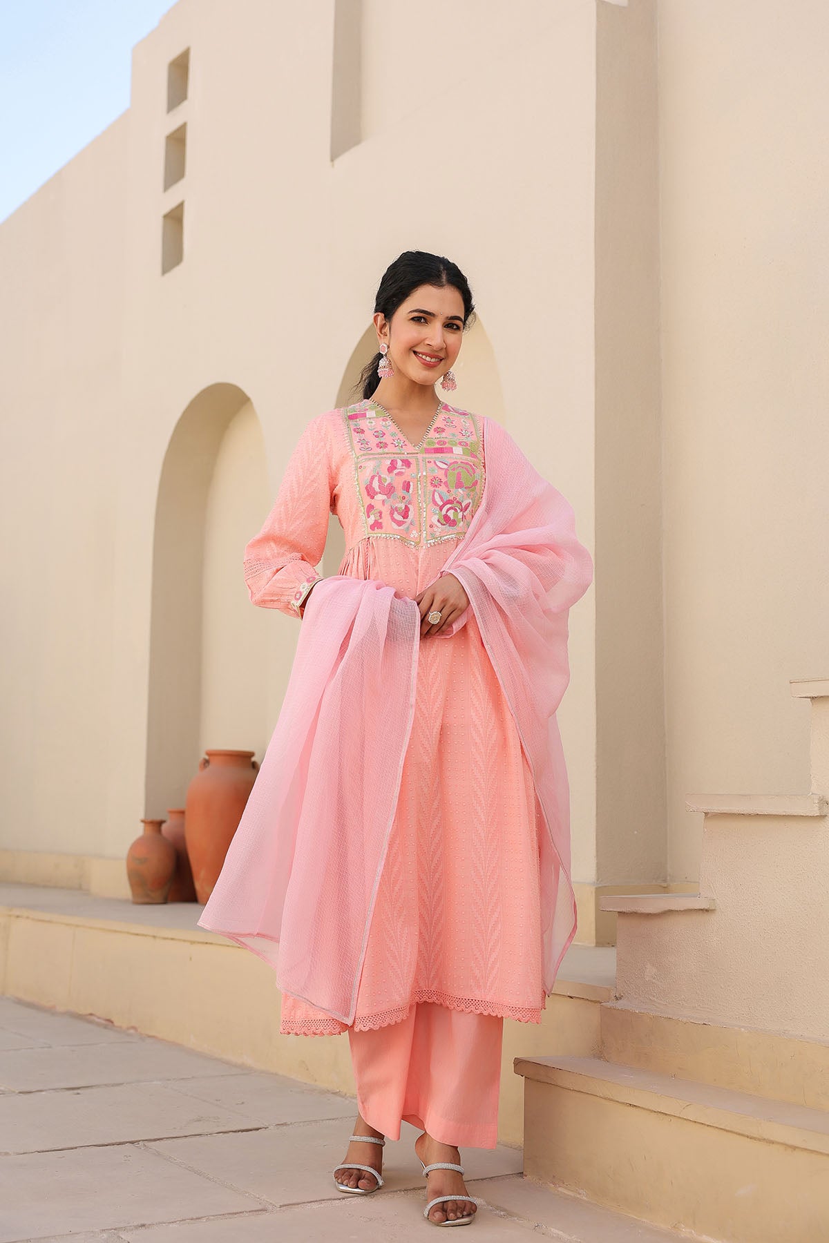 Peach Cotton Embroidered Anarkali Suit
